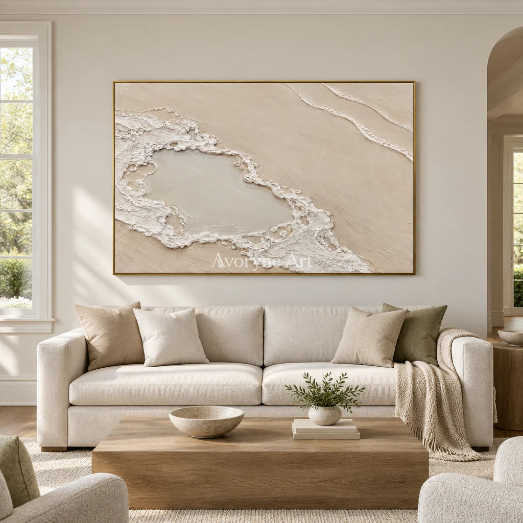 Tidal Enclosure: Impasto Beige Coastal Relief Wall Art — living gold