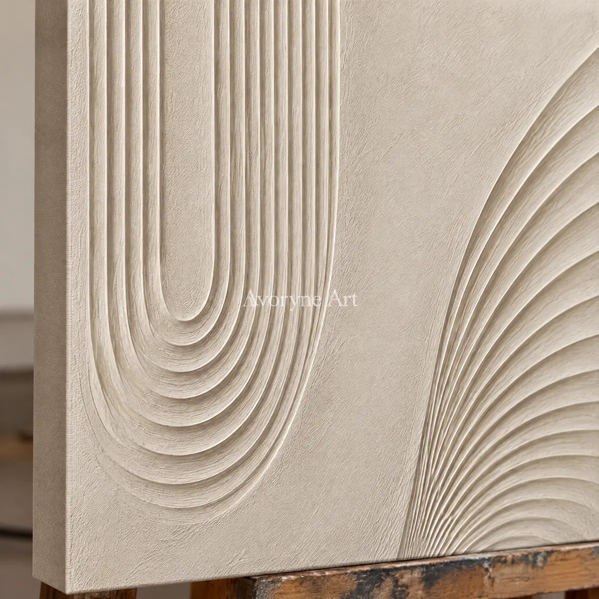 Contour Refuge: Impasto Beige Grooved Relief Wall Art — detail easel