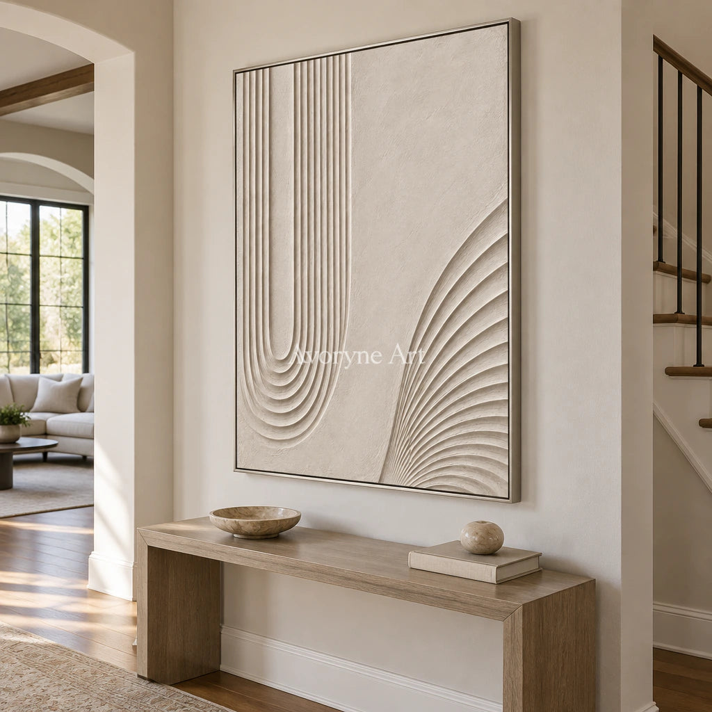 Contour Refuge: Impasto Beige Grooved Relief Wall Art — entry silver