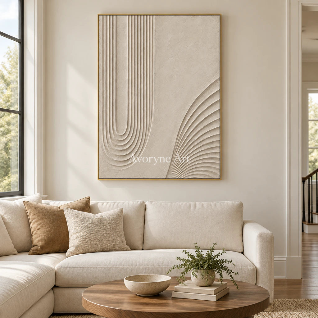Contour Refuge: Impasto Beige Grooved Relief Wall Art — living gold