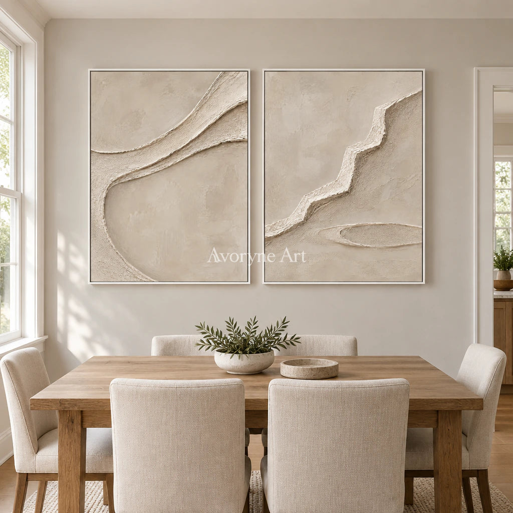 Raised Pathways: Impasto Beige Relief Diptych Wall Art — dining white