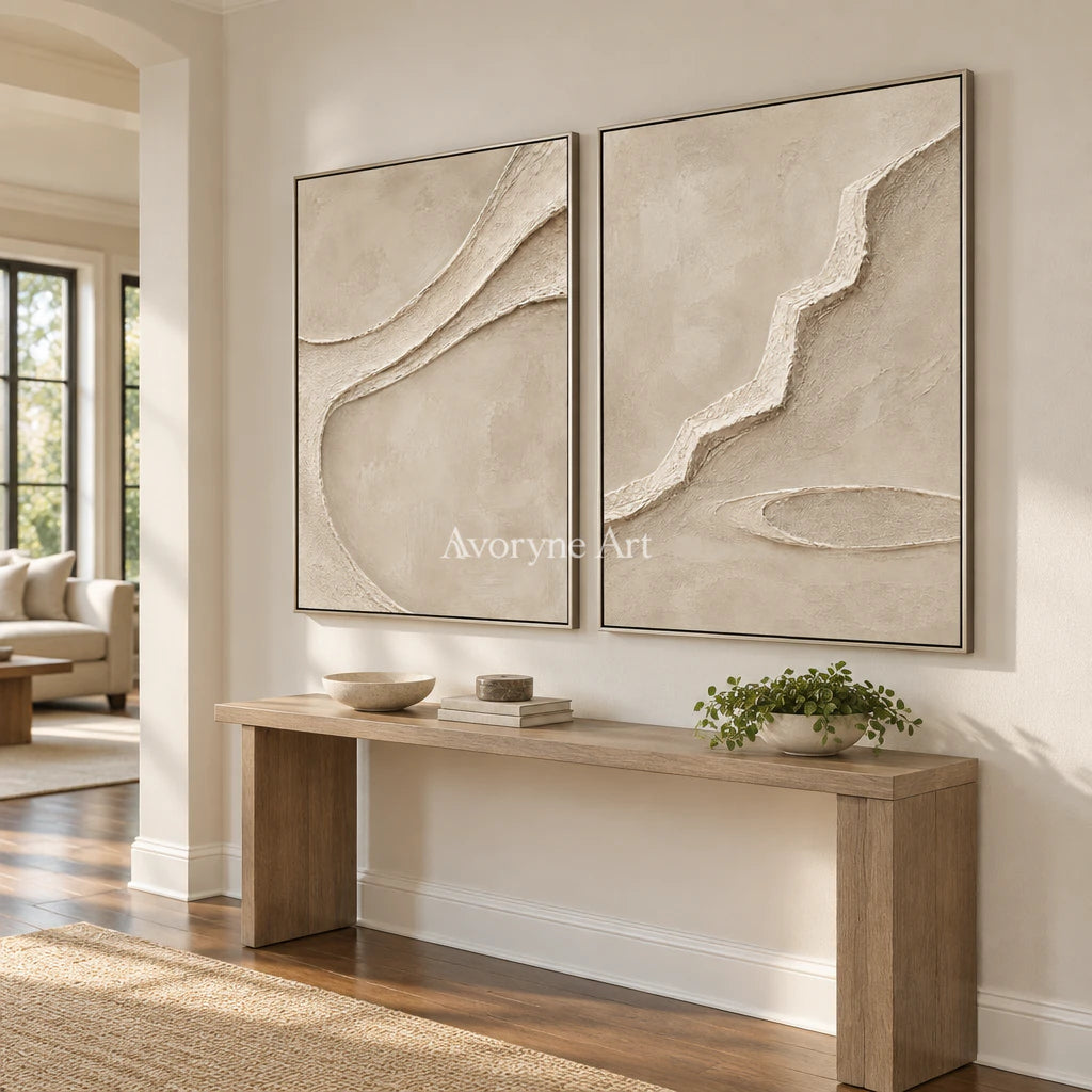 Raised Pathways: Impasto Beige Relief Diptych Wall Art — entry silver