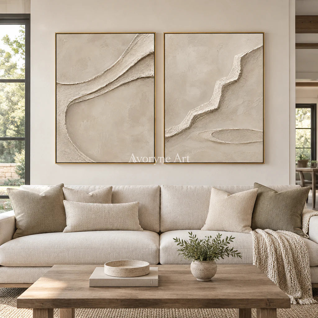 Raised Pathways: Impasto Beige Relief Diptych Wall Art — living gold