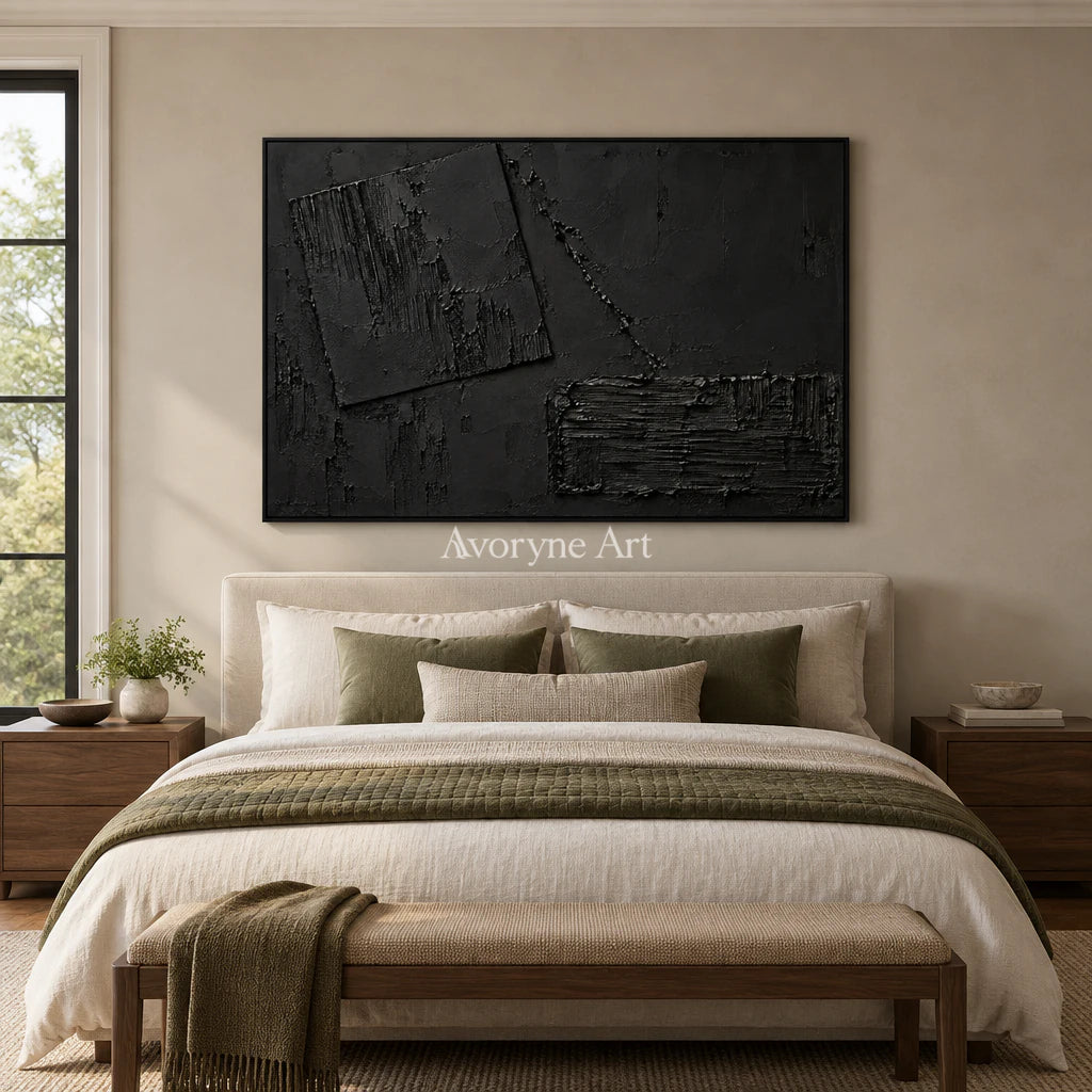 Obsidian Offset: Impasto Black Block Abstract Wall Art — bedroom black