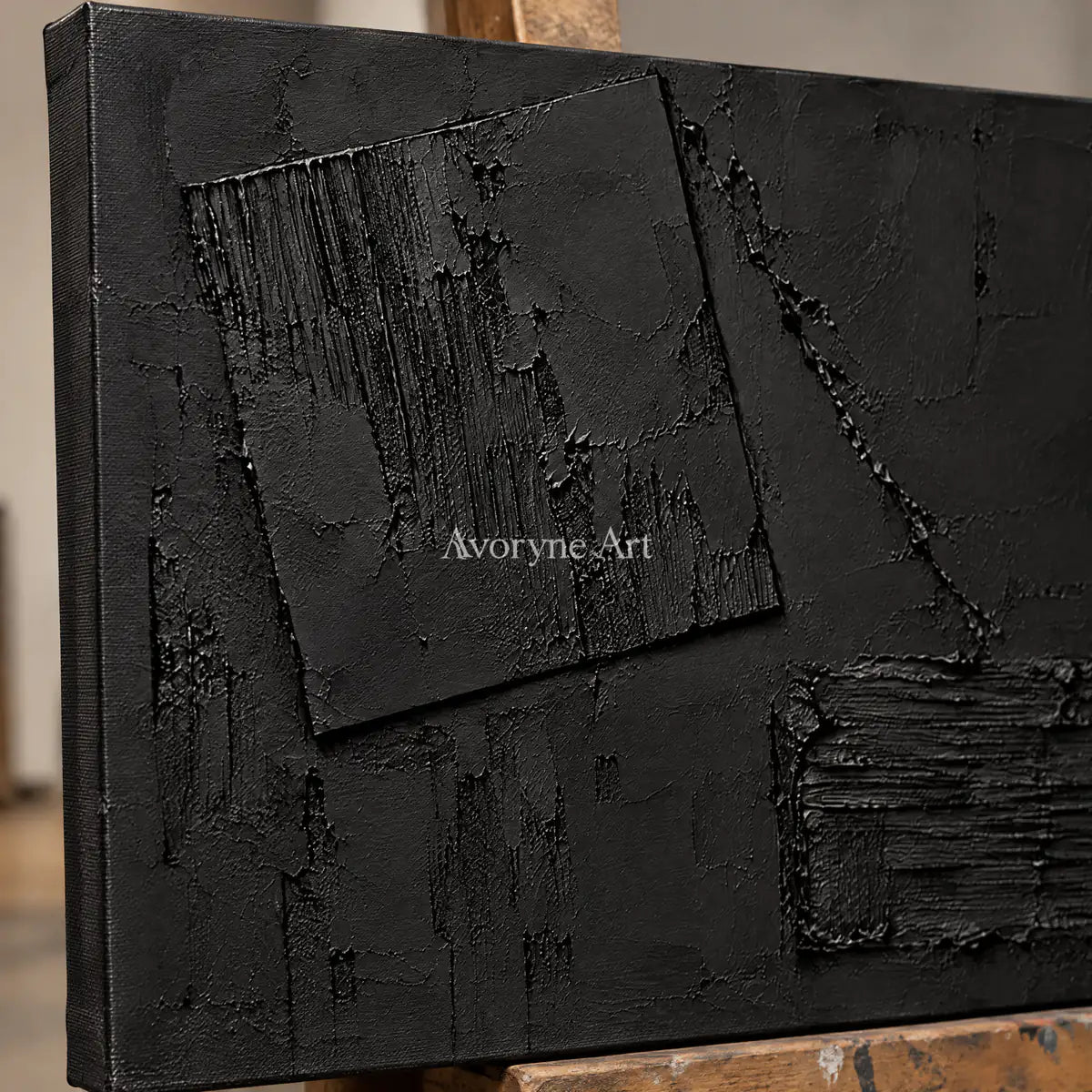 Obsidian Offset: Impasto Black Block Abstract Wall Art — detail easel