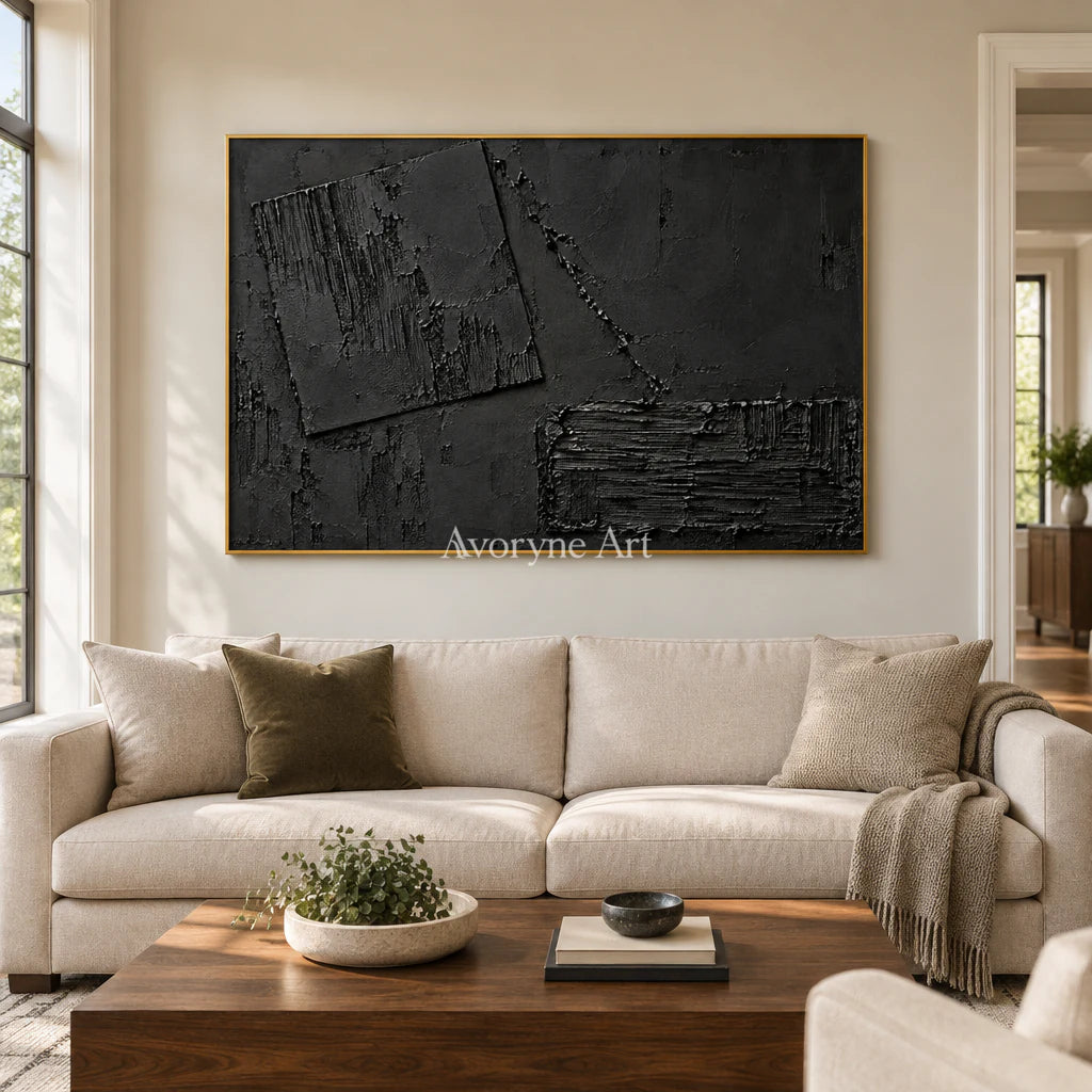 Obsidian Offset: Impasto Black Block Abstract Wall Art — living gold