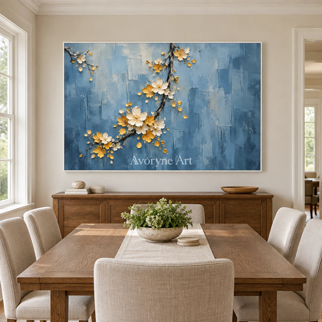Blossom Descent: Impasto Blue Floral Relief Wall Art — dining white
