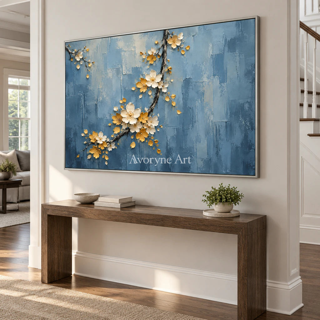 Blossom Descent: Impasto Blue Floral Relief Wall Art — entry silver