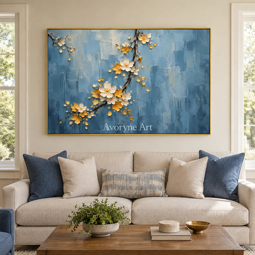 Blossom Descent: Impasto Blue Floral Relief Wall Art — living gold
