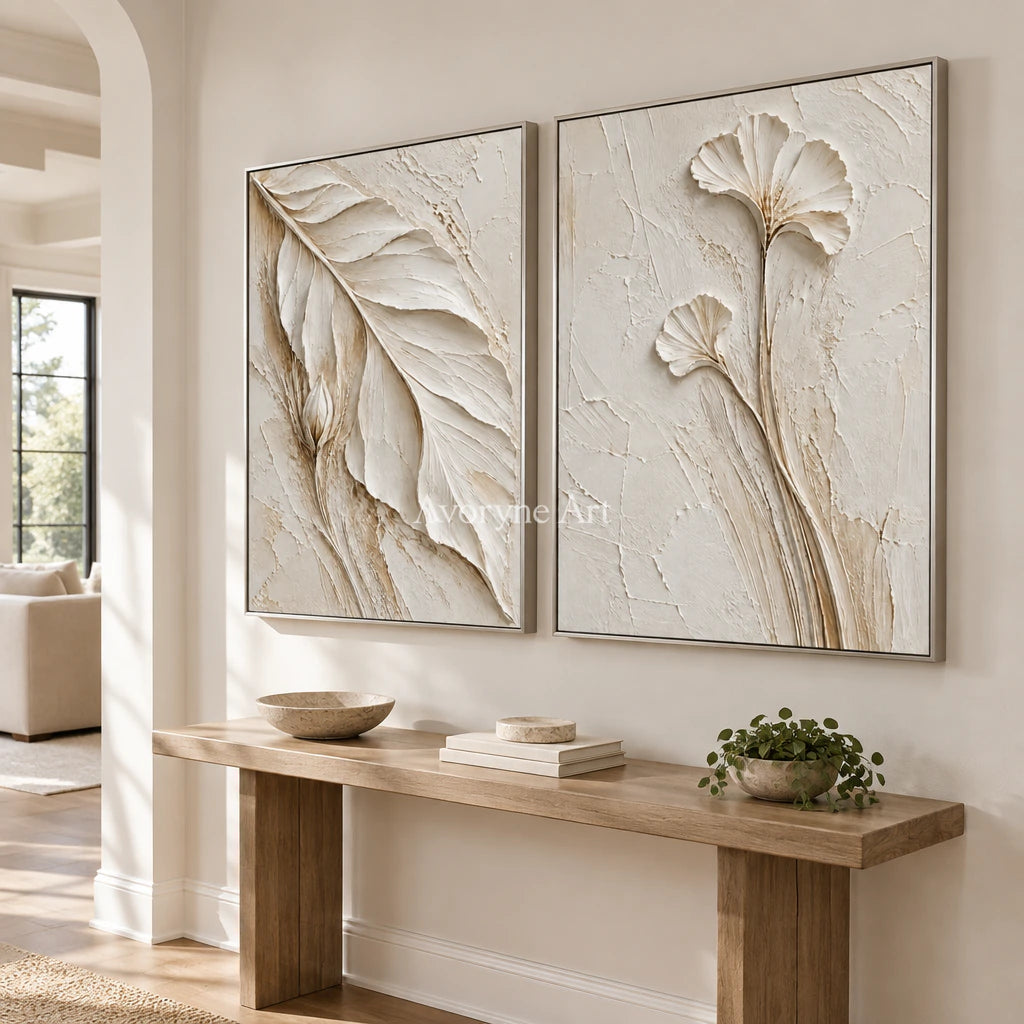 Ivory Stems: Impasto White Botanical Diptych Wall Art — entry silver