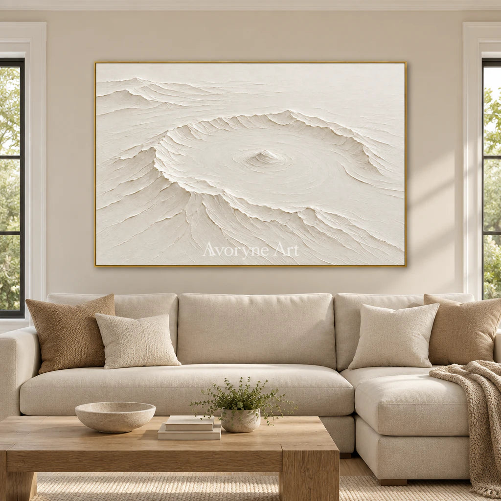 Caldera Quiet: Impasto White Landscape Relief Wall Art — living gold