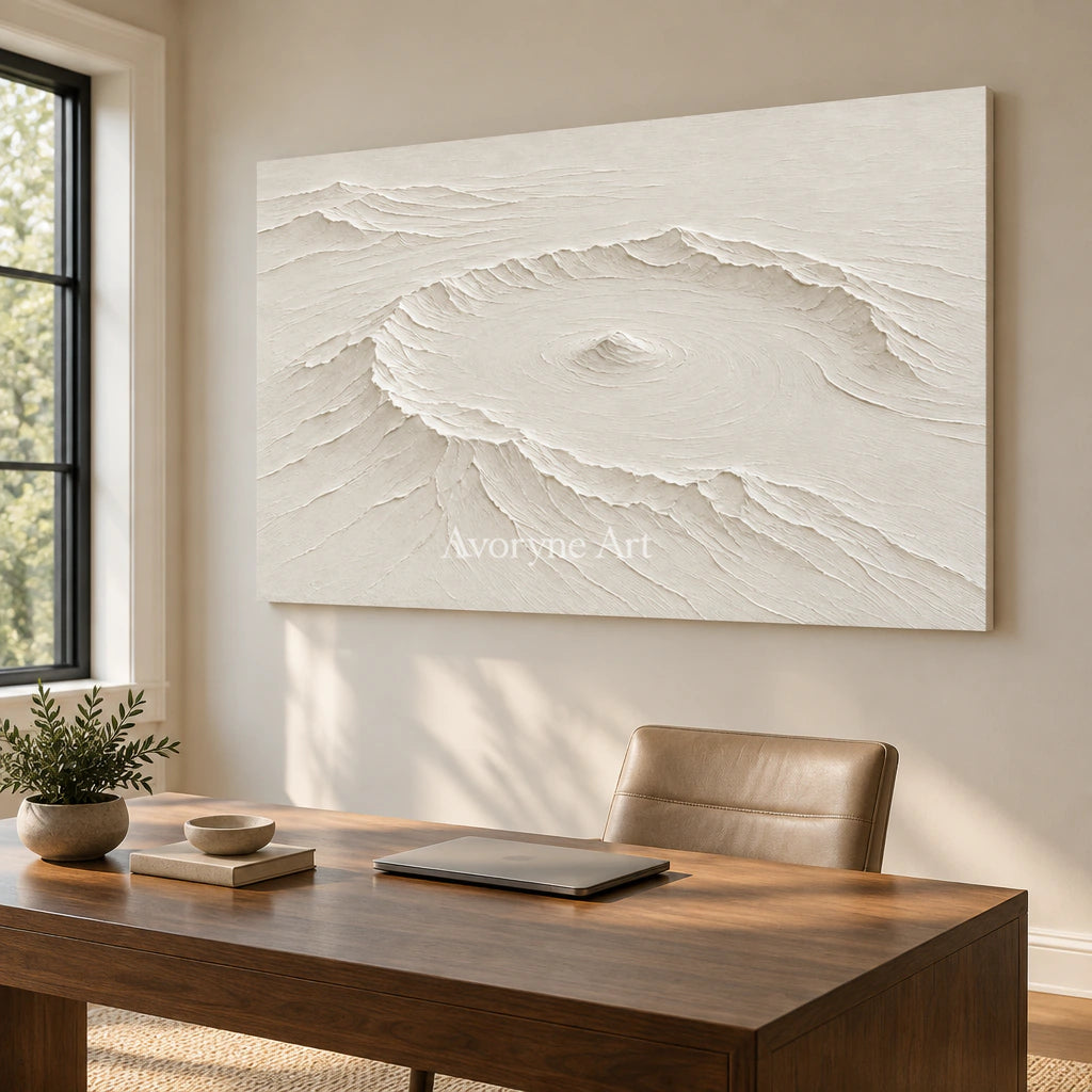 Caldera Quiet: Impasto White Landscape Relief Wall Art — office frameless