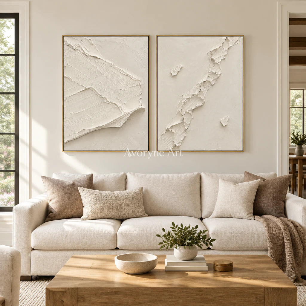 Ivory Fractures: Impasto White Relief Diptych Wall Art — living gold