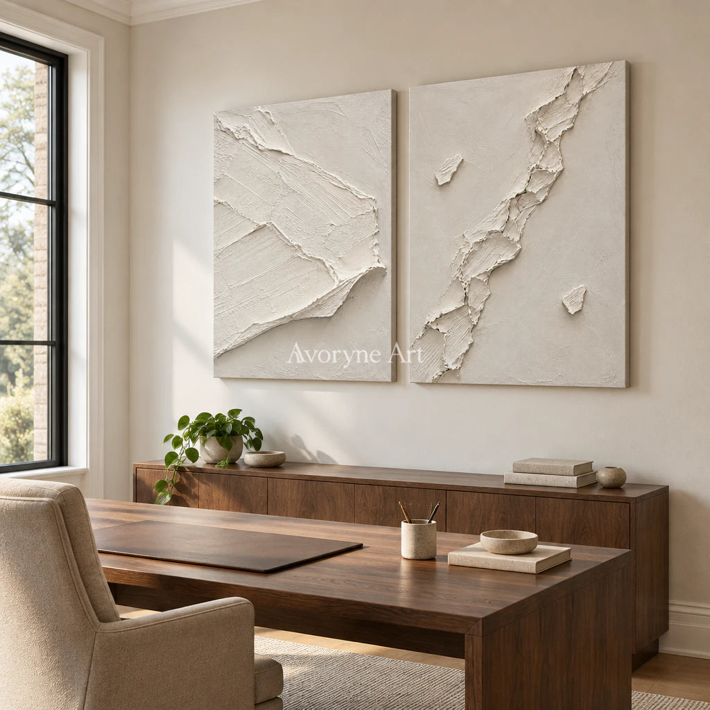 Ivory Fractures: Impasto White Relief Diptych Wall Art — office frameless