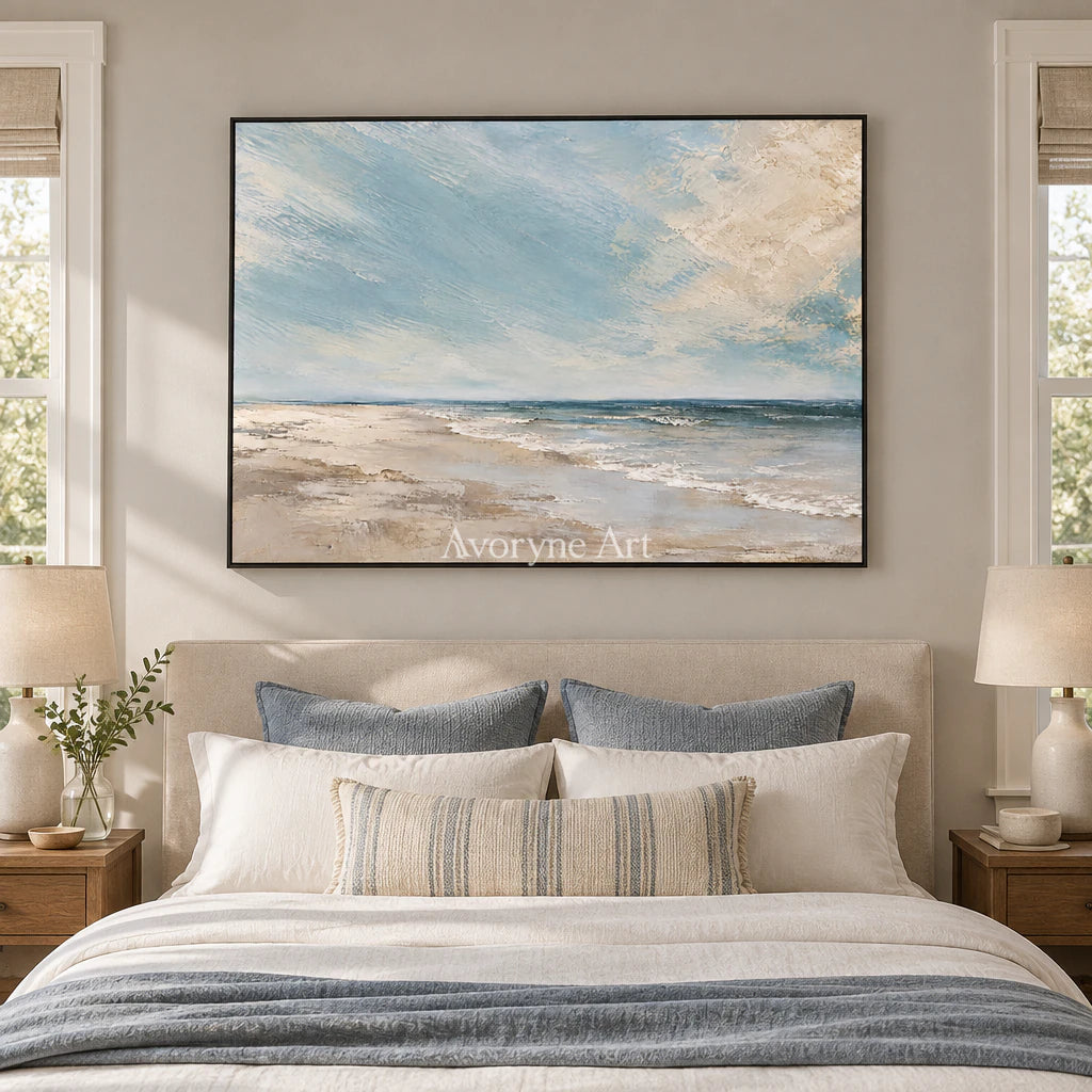 Shore Breath: Impressionist Blue Coastal Wall Art — bedroom black