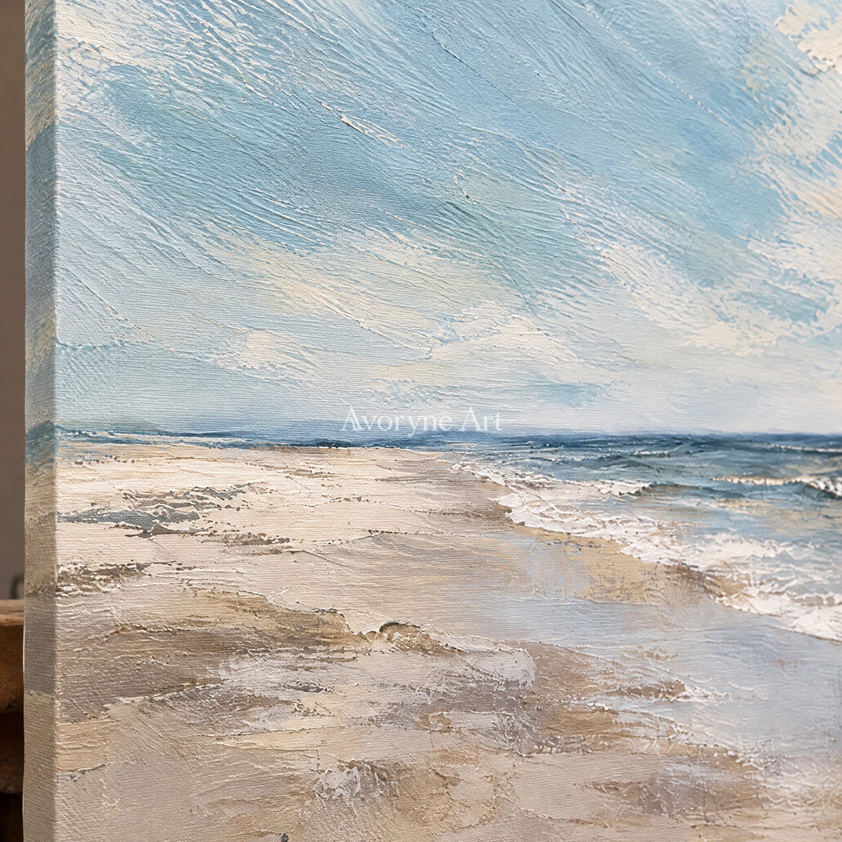 Shore Breath: Impressionist Blue Coastal Wall Art — detail easel