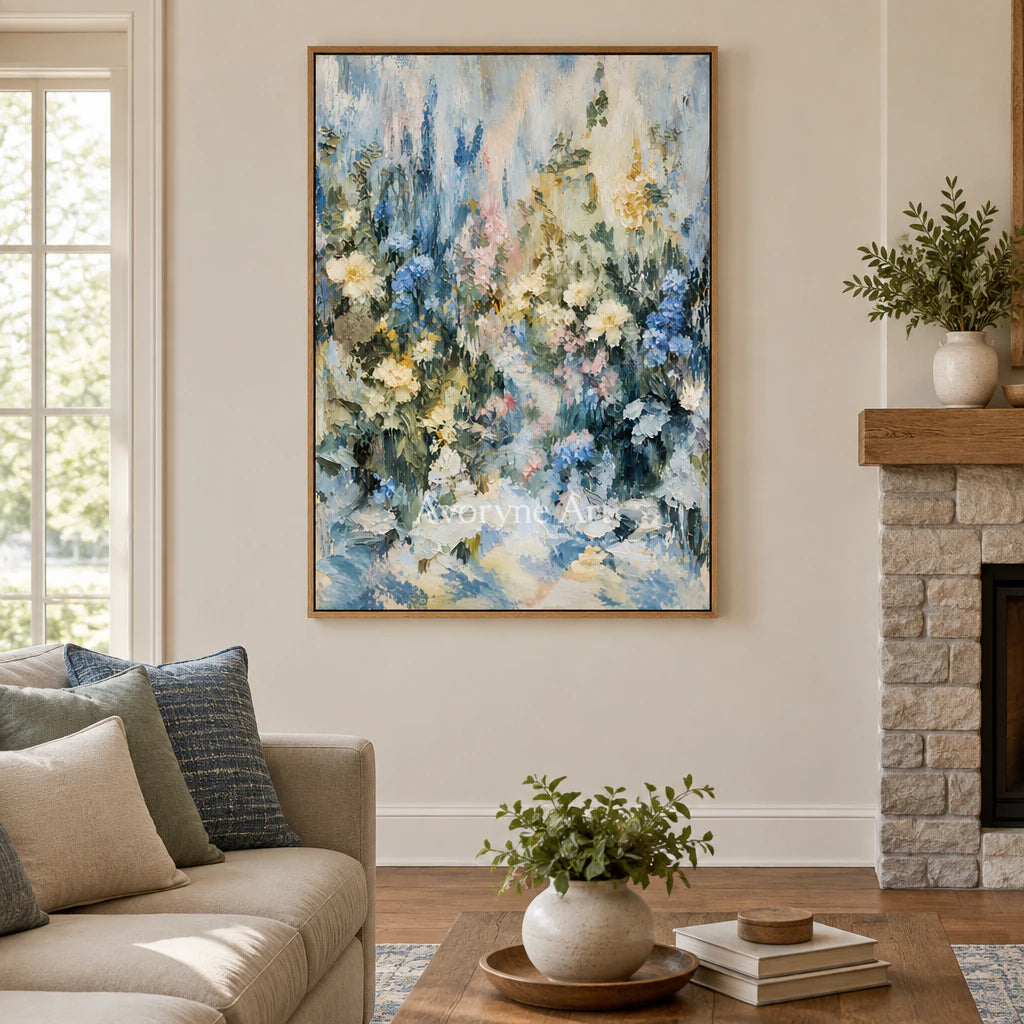 Blue Botanica: Impressionist Blue Floral Wall Art — villa wood