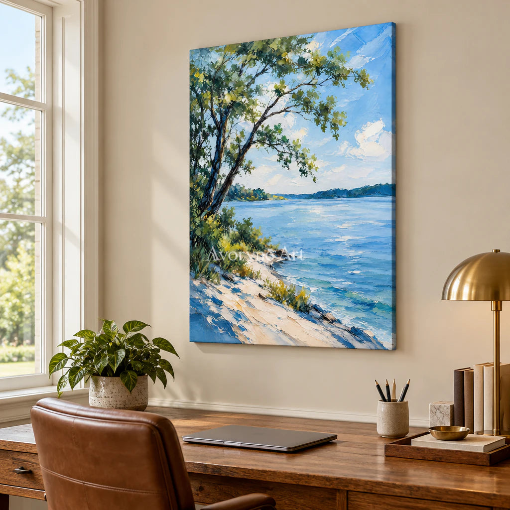 Shaded Water: Impressionist Blue Lakeside Wall Art — office frameless