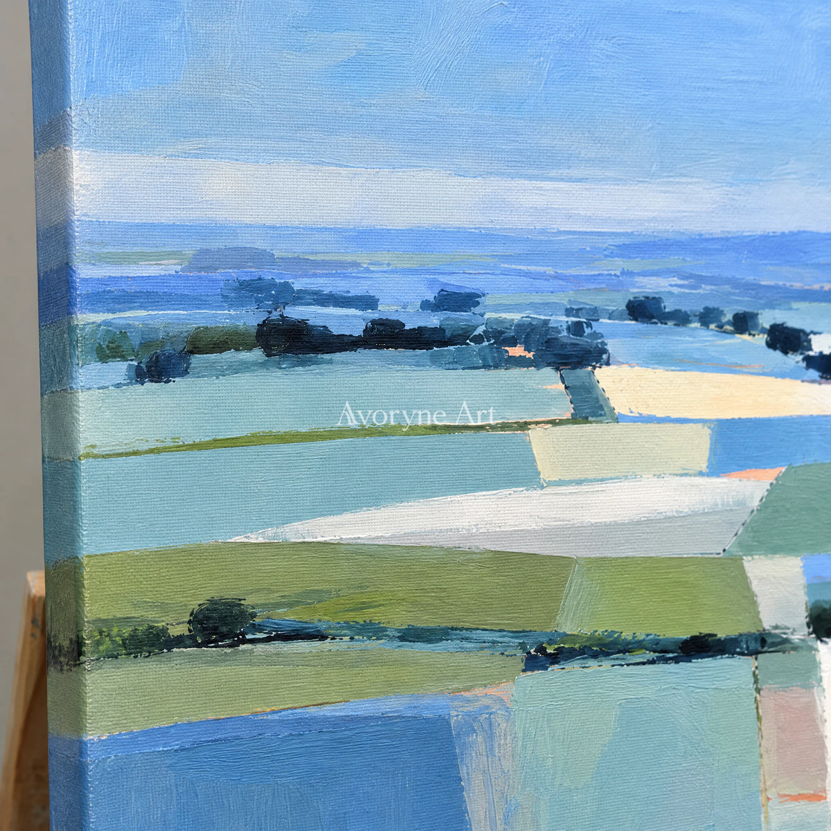 Field Notes: Impressionist Blue Landscape Wall Art — detail easel
