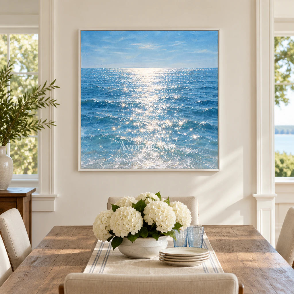 Silver Shimmer: Impressionist Blue Seascape Wall Art — dining white