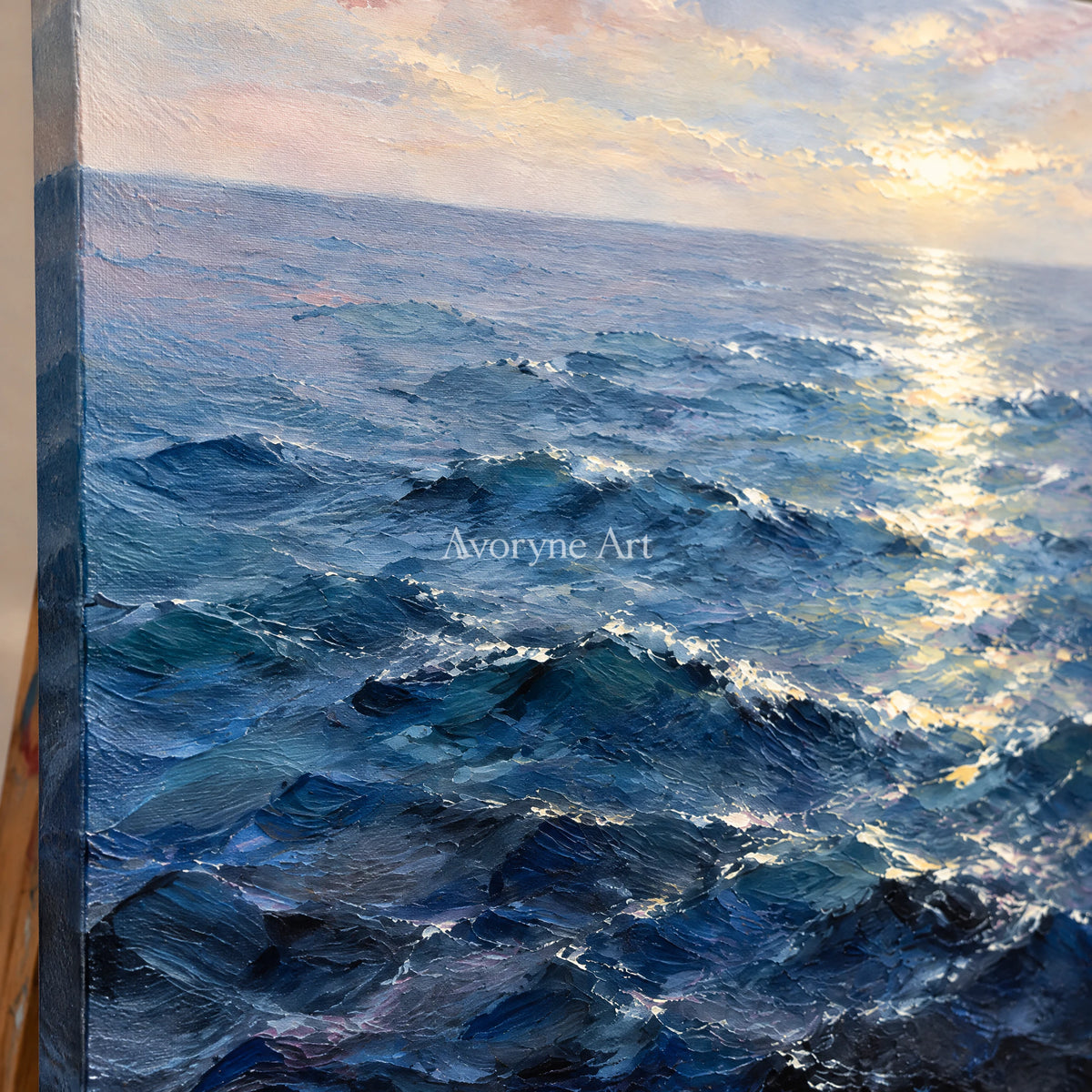 Ocean Gleam: Impressionist Blue Seascape Wall Art — detail easel