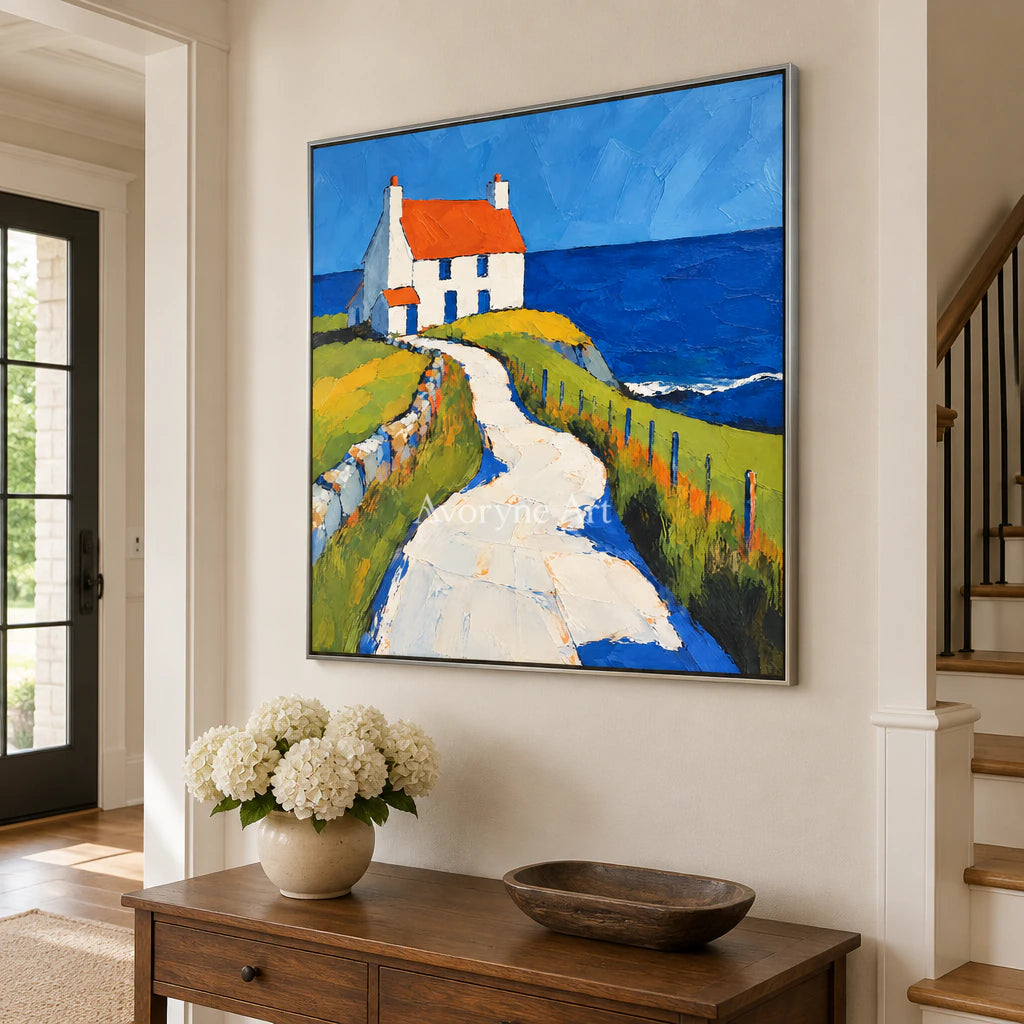 Coastal Cottage: Impressionist Blue Seaside Wall Art — entry silver
