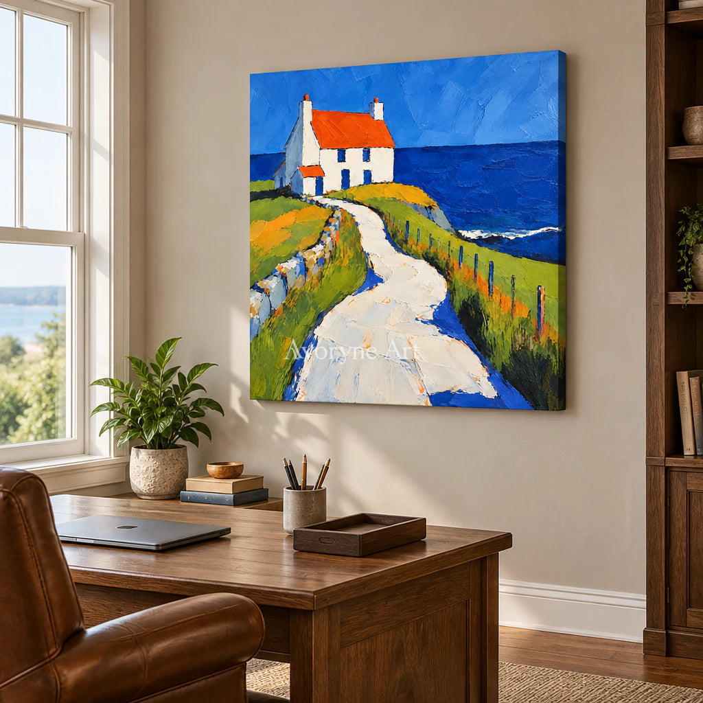 Coastal Cottage: Impressionist Blue Seaside Wall Art — office frameless