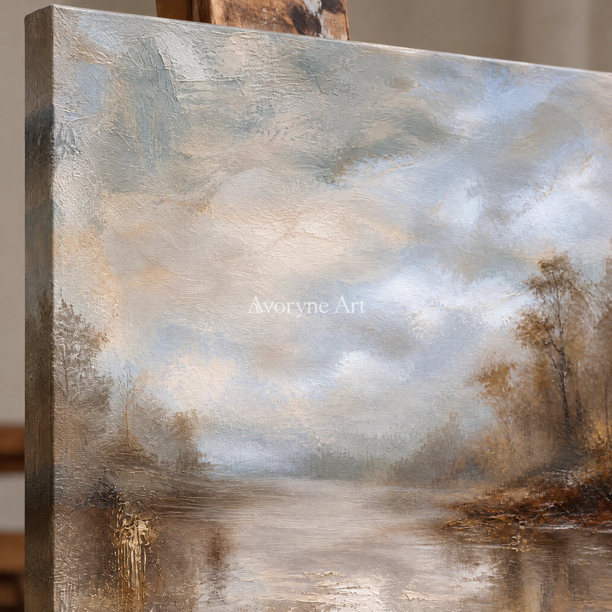 Autumn Veil: Impressionist Brown Misty Lake Wall Art — detail easel