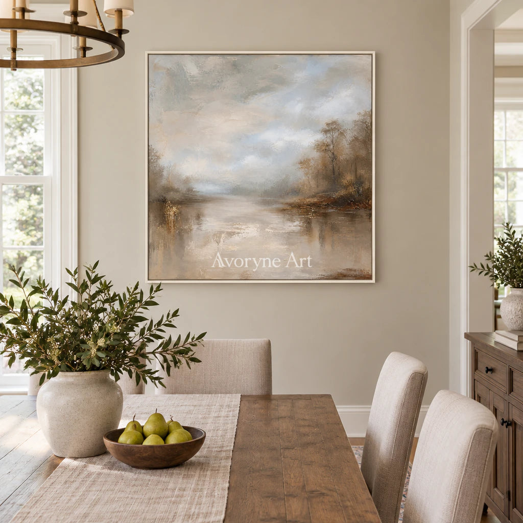 Autumn Veil: Impressionist Brown Misty Lake Wall Art — dining white