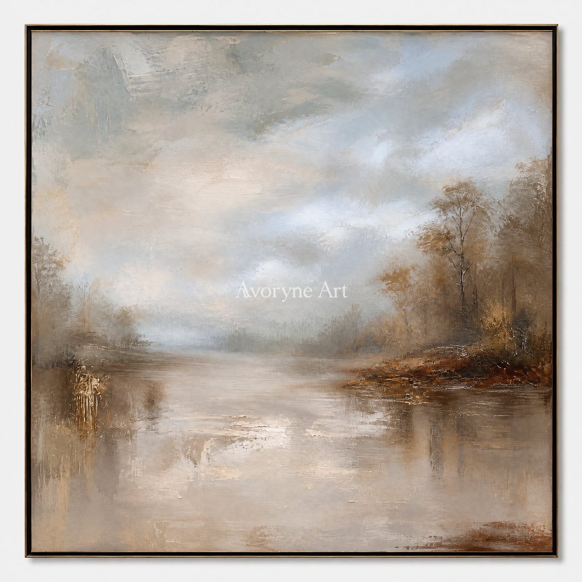 Autumn Veil: Impressionist Brown Misty Lake Wall Art — primary