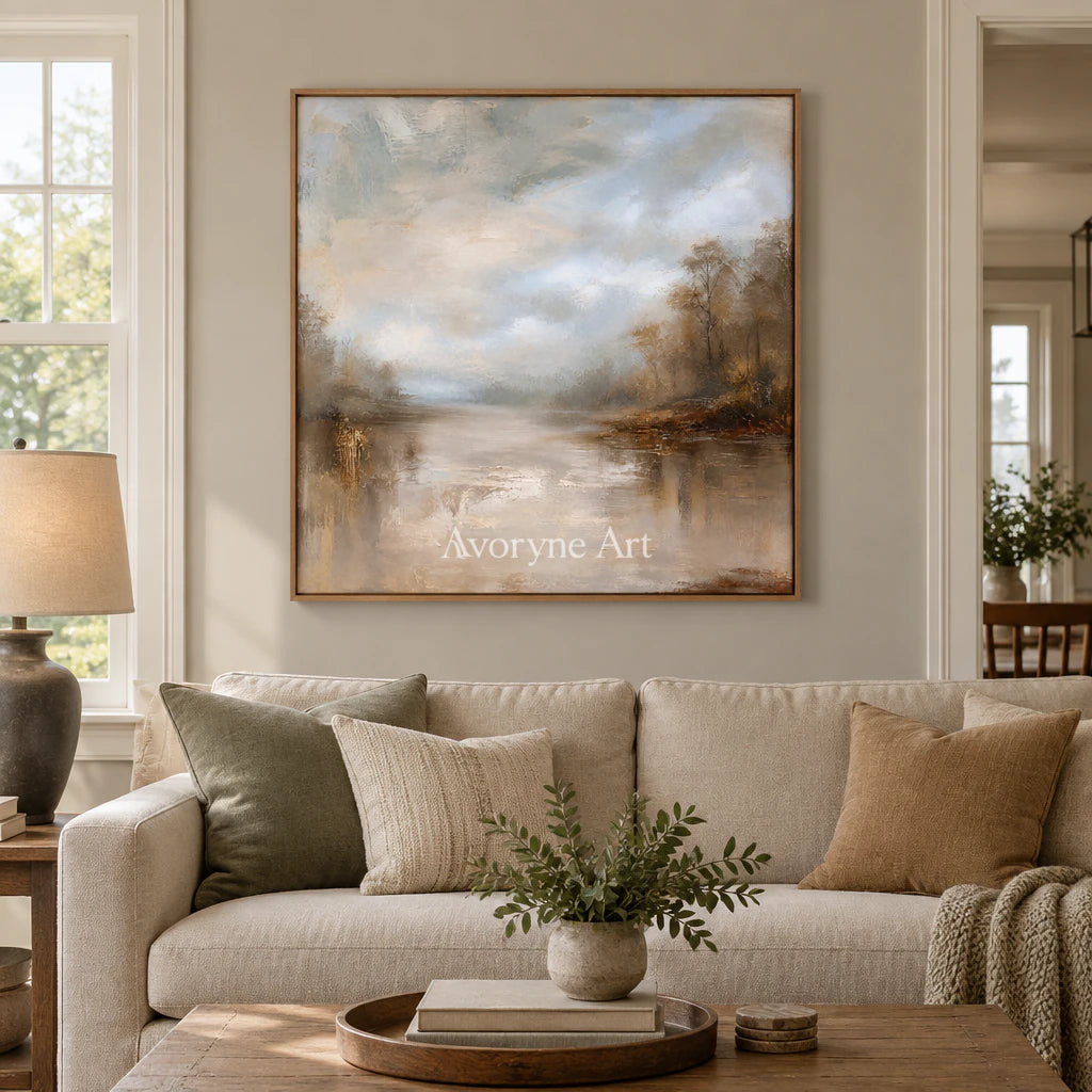 Autumn Veil: Impressionist Brown Misty Lake Wall Art — villa wood
