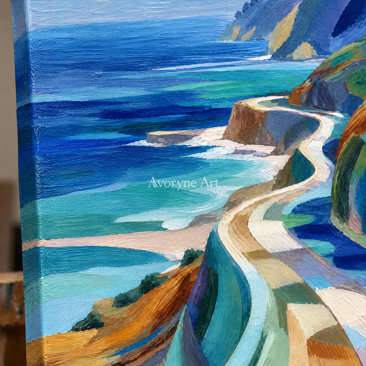 Coast Ribbons: Impressionist Coastal Landscape Wall Art — detail easel