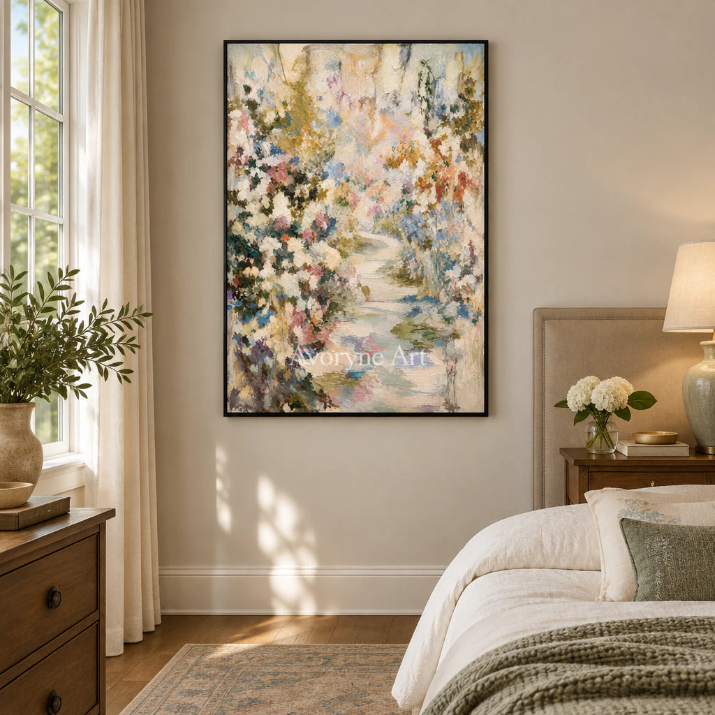 Blossom Passage: Impressionist Garden Path Wall Art — bedroom black