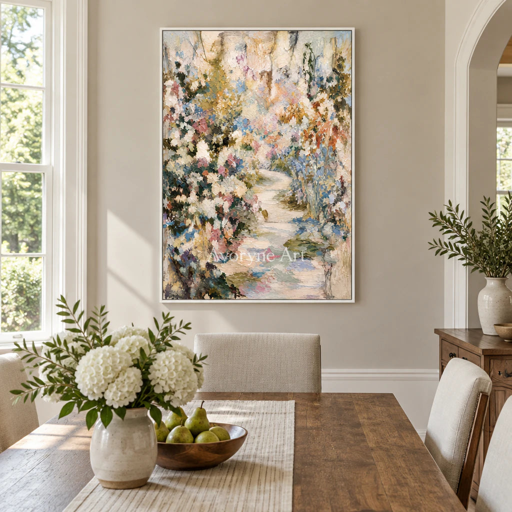 Blossom Passage: Impressionist Garden Path Wall Art — dining white