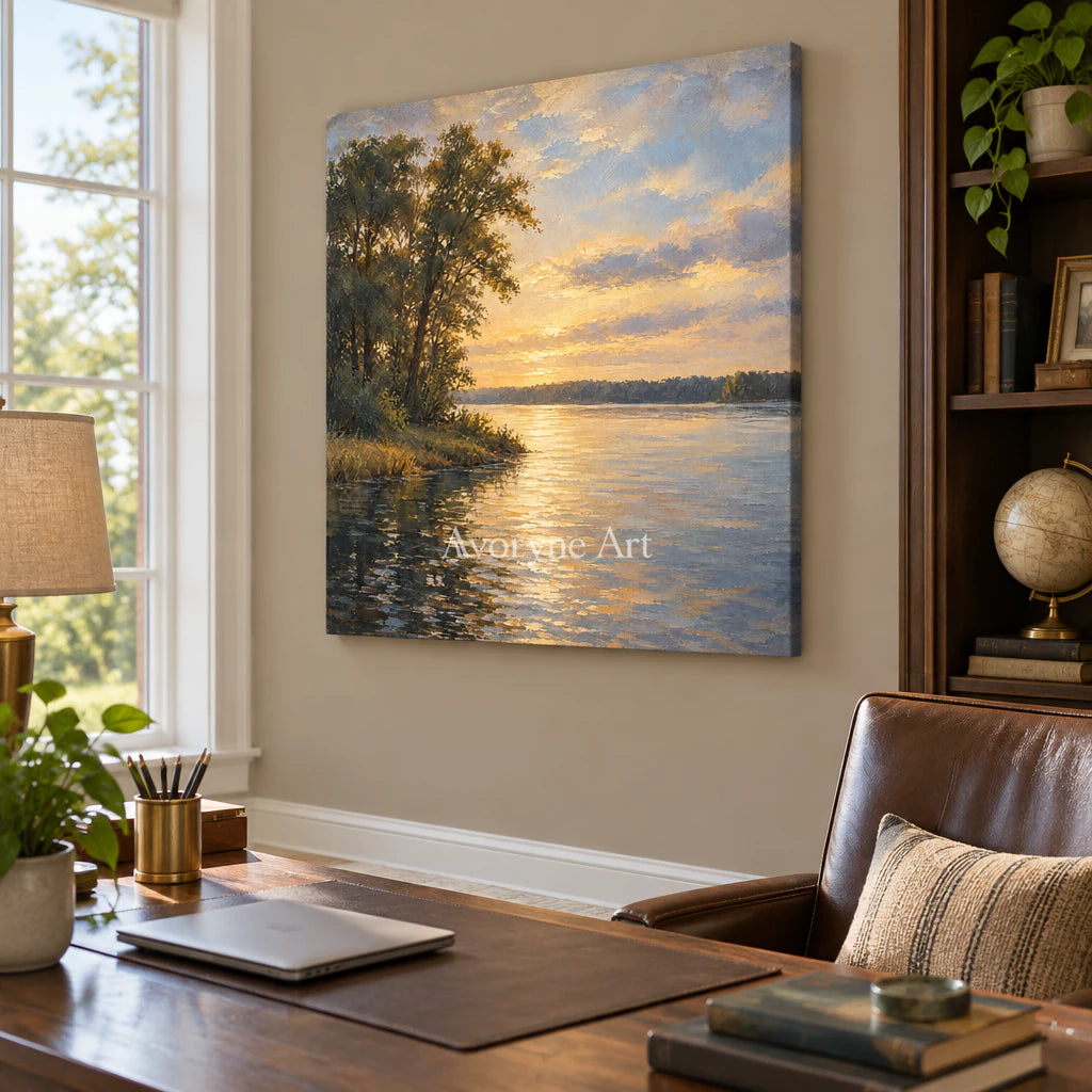 Dusk Canopy: Impressionist Golden Lake Wall Art — office frameless