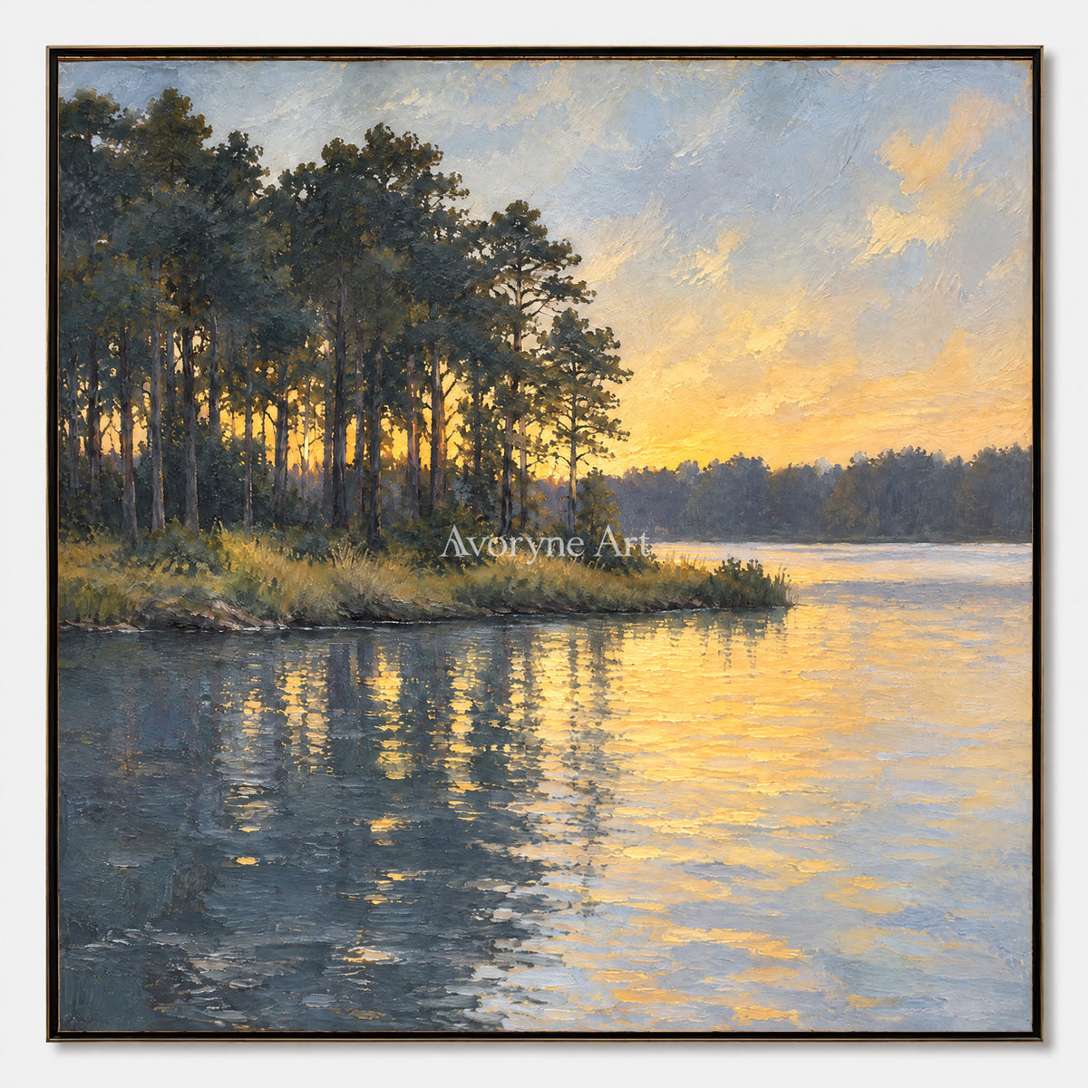 Pine Afterglow: Impressionist Golden Lake Wall Art — primary
