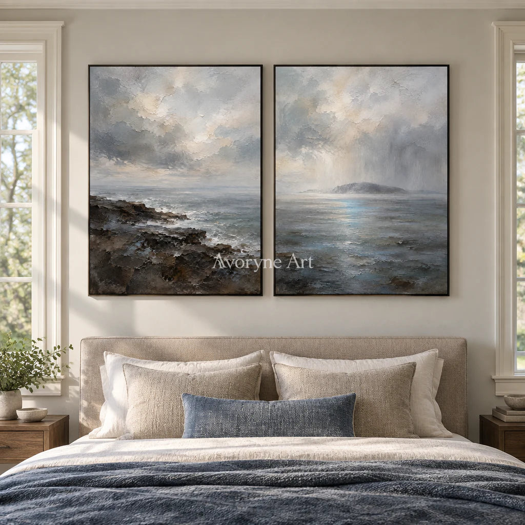 Sea Veil: Impressionist Gray Coastal Diptych Wall Art — bedroom black