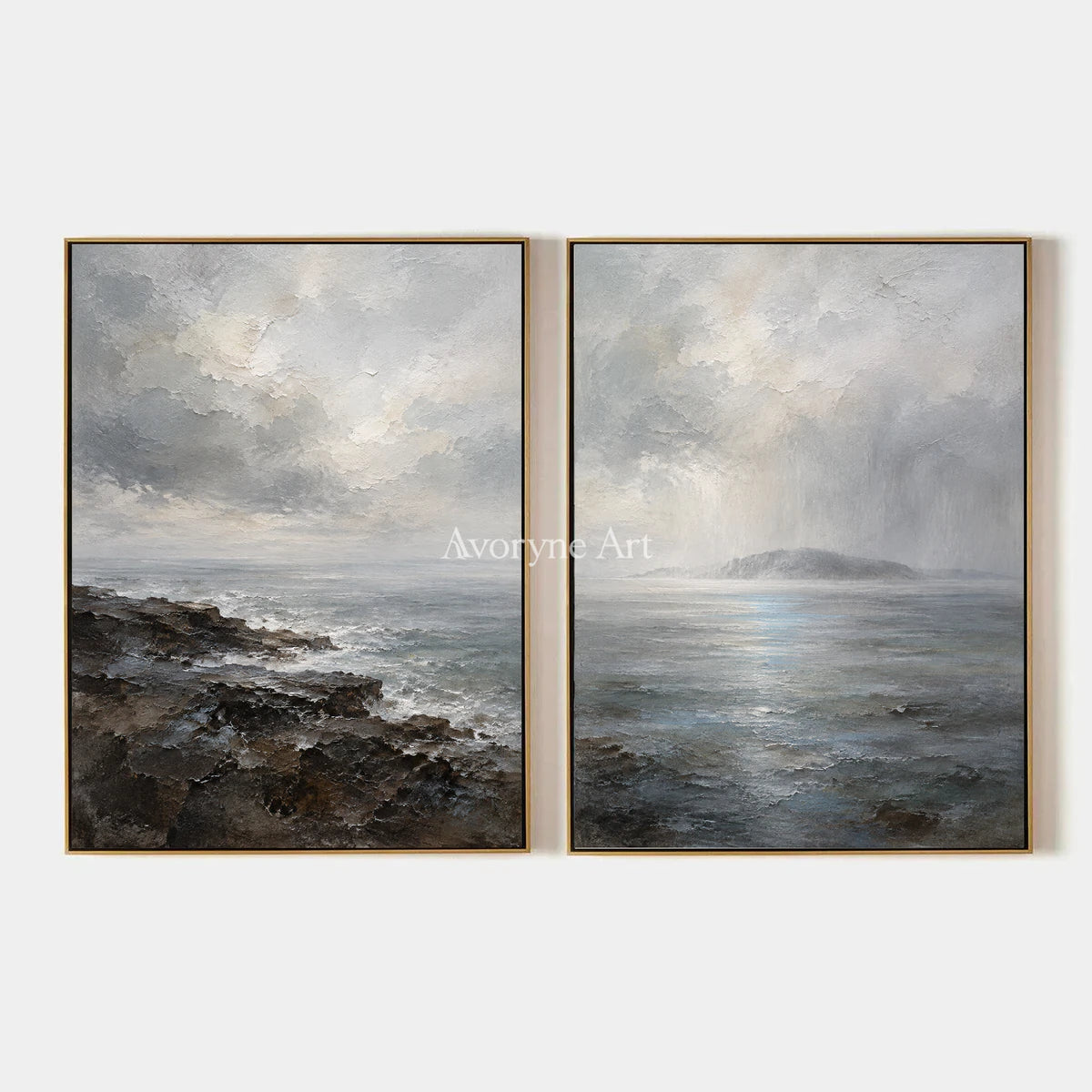 Sea Veil: Impressionist Gray Coastal Diptych Wall Art — primary