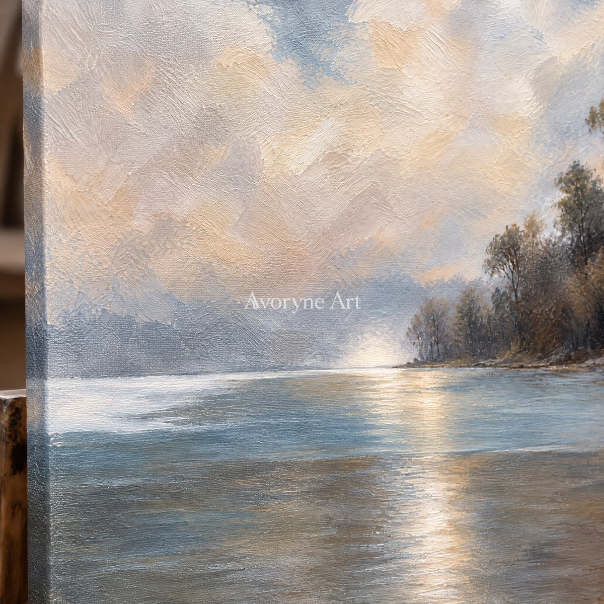 Cloudbank Quiet: Impressionist Gray Lake Wall Art — detail easel