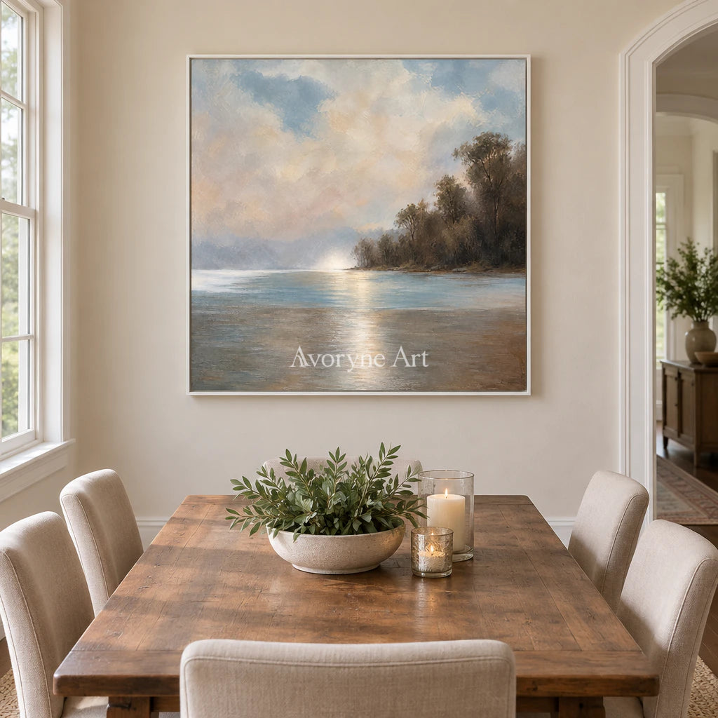 Cloudbank Quiet: Impressionist Gray Lake Wall Art — dining white