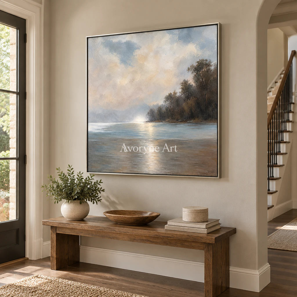 Cloudbank Quiet: Impressionist Gray Lake Wall Art — entry silver