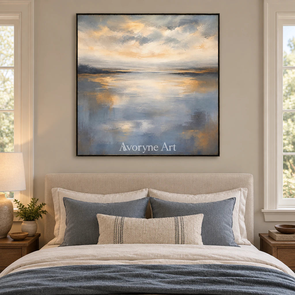 Evening Mirror: Impressionist Gray Lake Wall Art — bedroom black