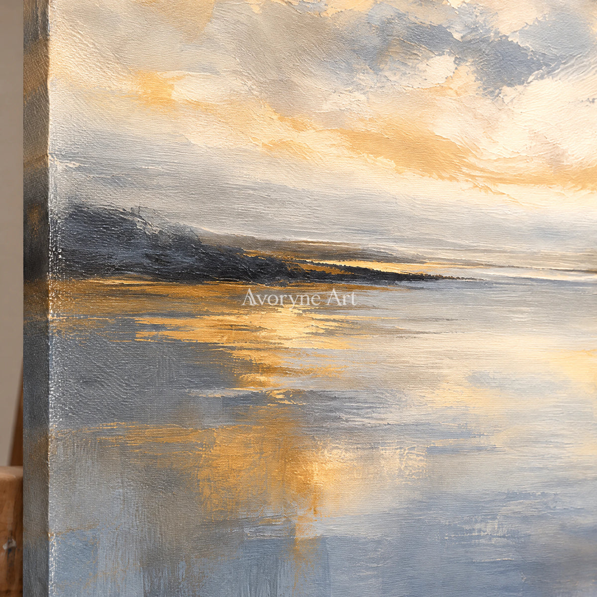 Evening Mirror: Impressionist Gray Lake Wall Art — detail easel