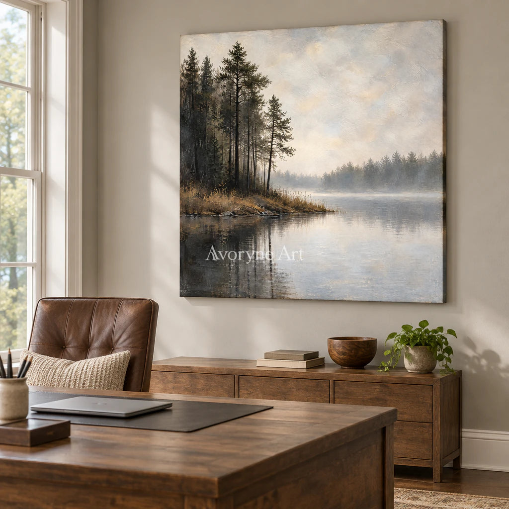 Pine Hush: Impressionist Gray Misty Lake Wall Art — office frameless