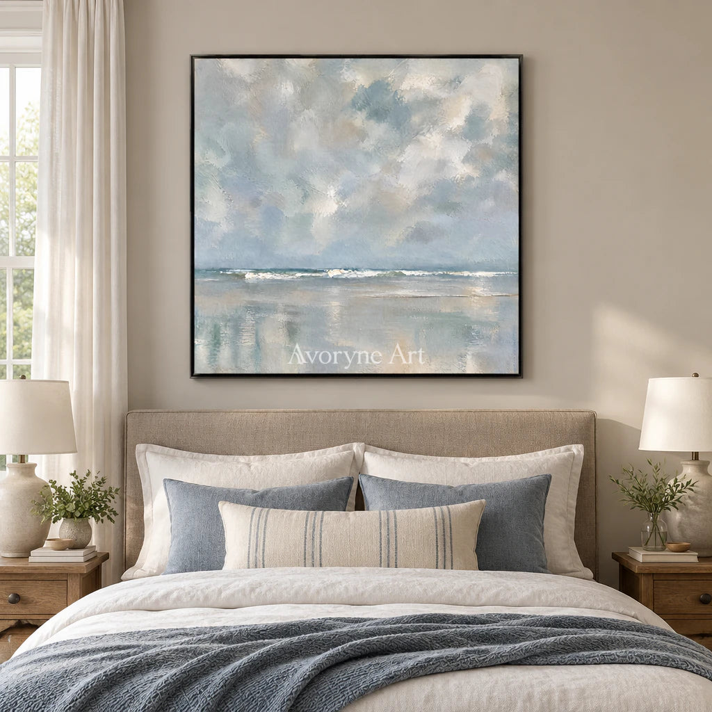 Clouded Shore: Impressionist Gray Seascape Wall Art — bedroom black