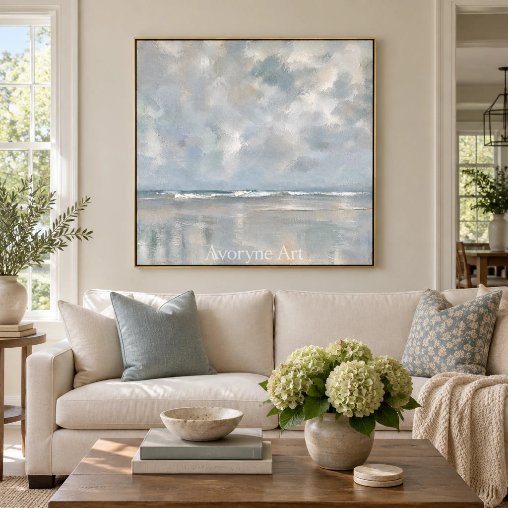 Clouded Shore: Impressionist Gray Seascape Wall Art — living gold