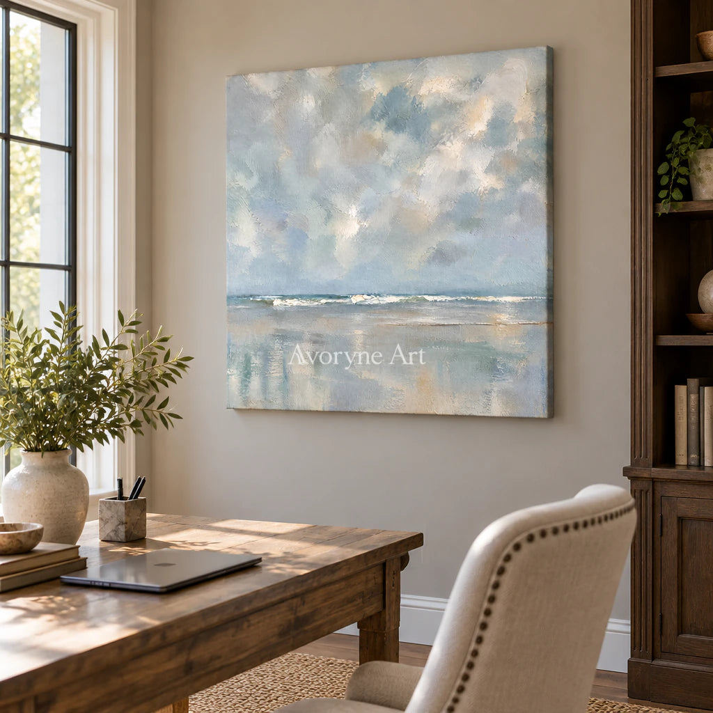 Clouded Shore: Impressionist Gray Seascape Wall Art — office frameless