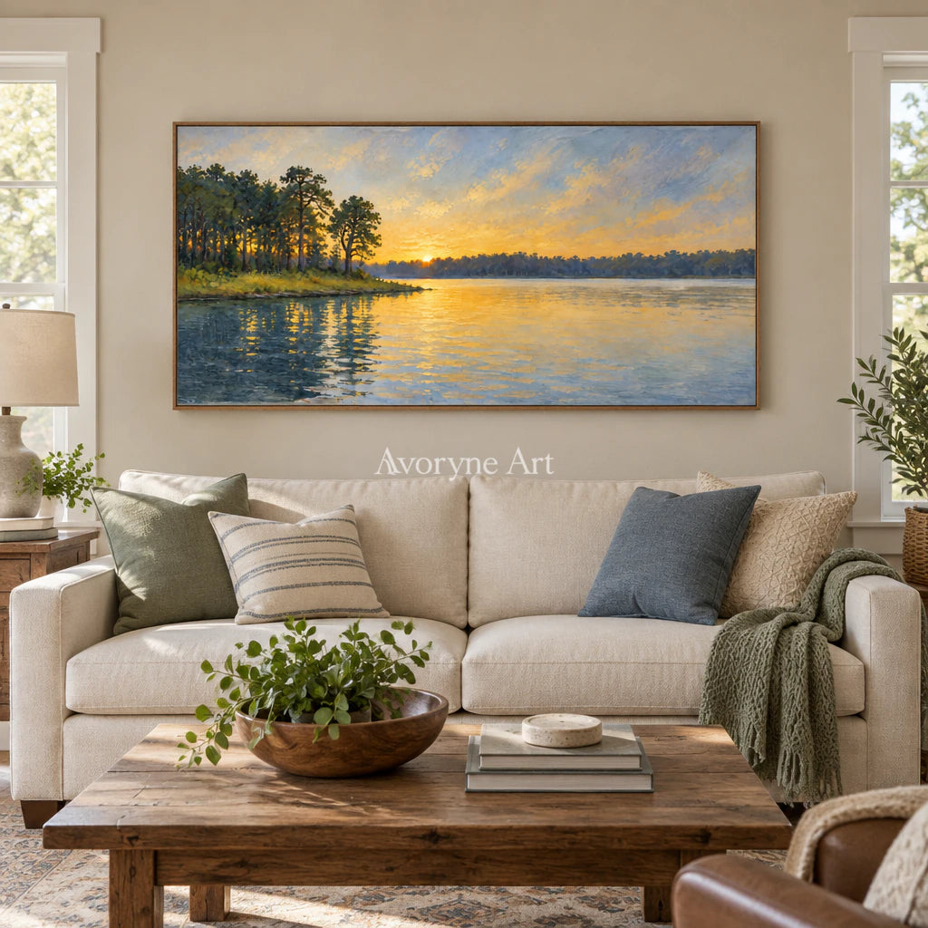 Amber Reach: Impressionist Lake Panorama Wall Art — villa wood