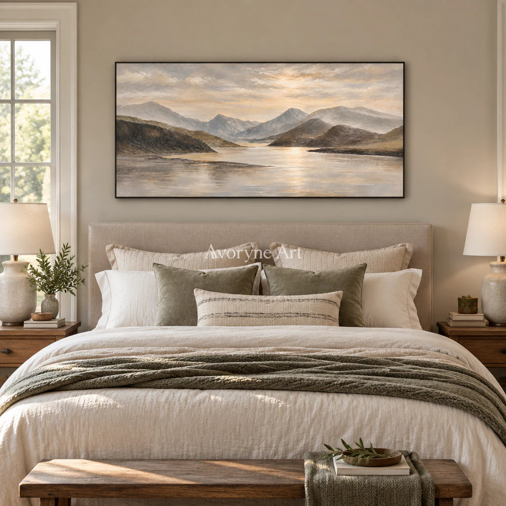 Valley Expanse: Impressionist Lake Panorama Wall Art — bedroom black