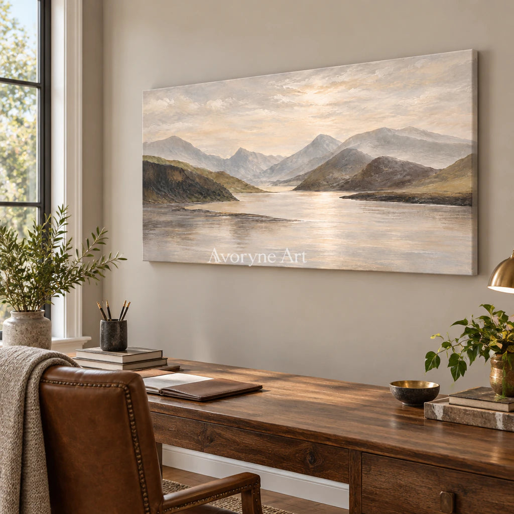 Valley Expanse: Impressionist Lake Panorama Wall Art — office frameless